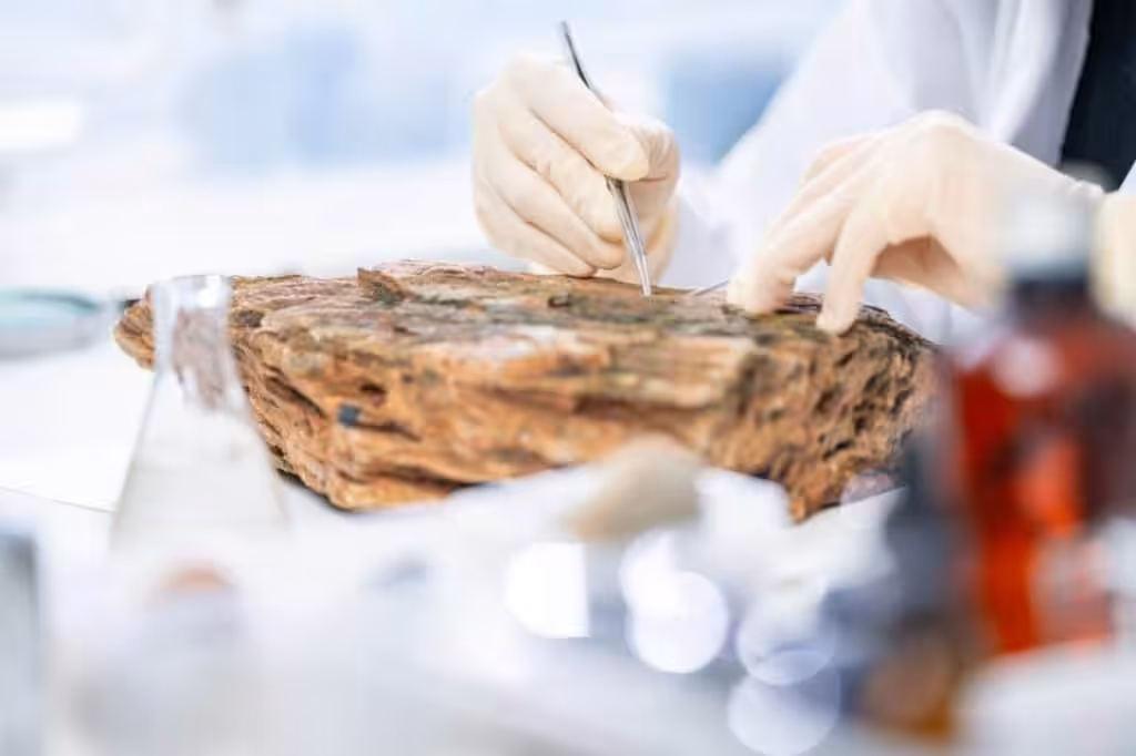 A rock sample in geology science laboratory research is carefully examined through petrography, a detailed analytical method used to identify the mineral composition, texture, and structural features of geological materials